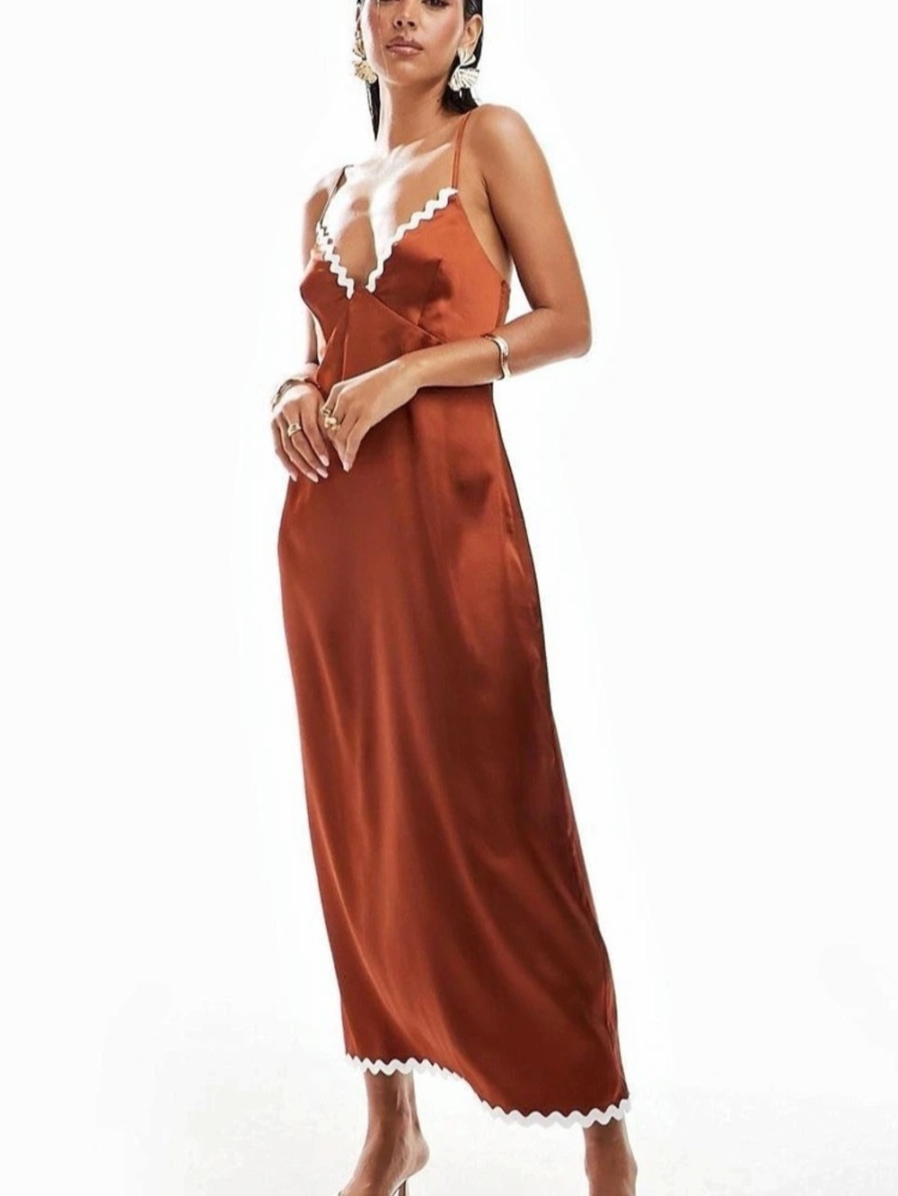New asos slip Satin-Trim Maxi Dress rust size 8 wedding date night special occ